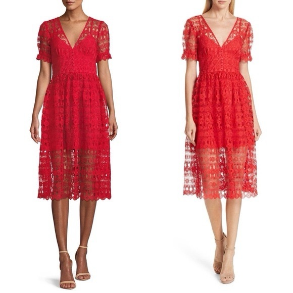 Self-Portrait Red Lace Midi Dress - Picture 3 of 11